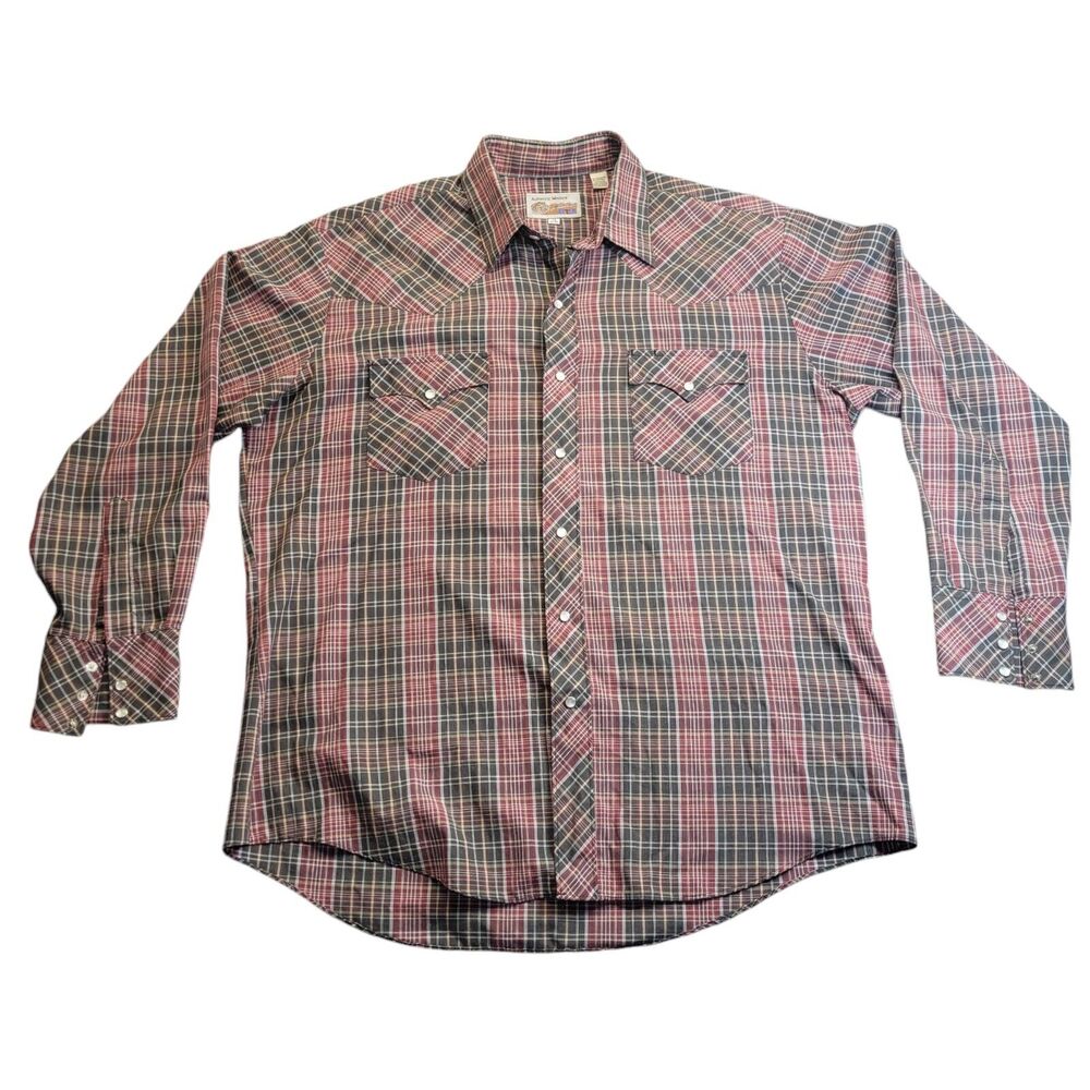 VINTAGE ATB Authentic Western Shirt Plaid Pearl Snap Mens Size 17 34/35
